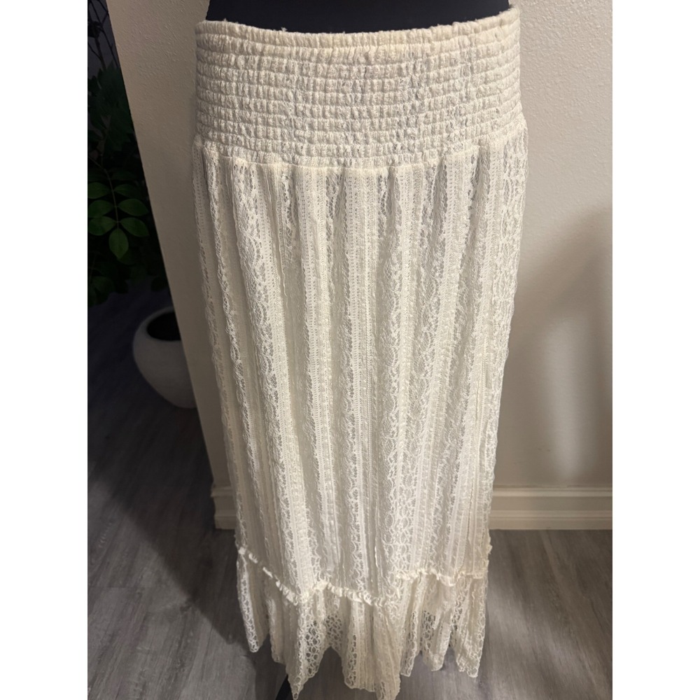 Allison Brittney White Lace Maxi Skirt Smocked Waist Tiered Ruffle Boho Large